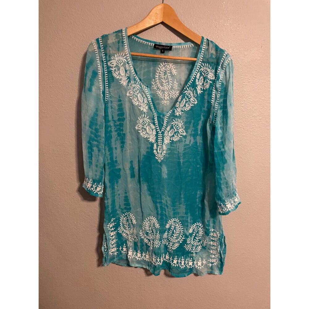 Spaggia Dolce Womens Tunic Small Blue Tie Dye Floral Embroidered Sheer Boho READ